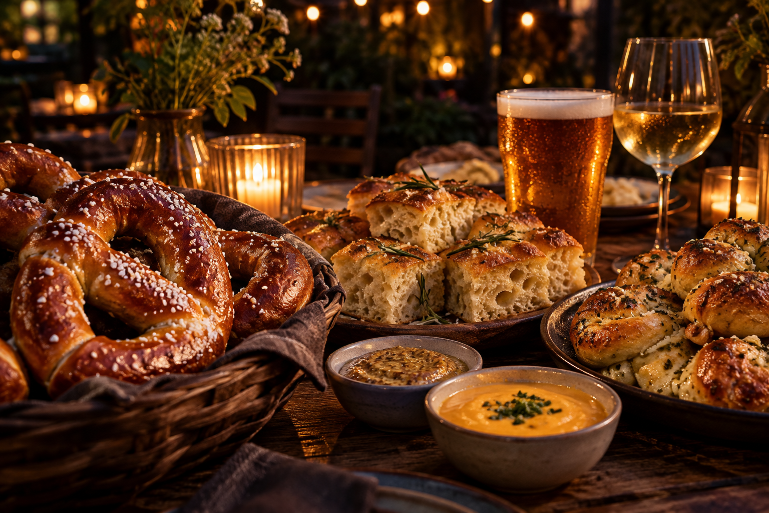 Golden pretzels, rosemary focaccia, garlic knots and dips on a warmly lit evening table